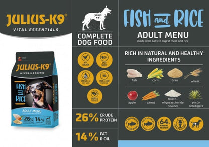 Julius K9 Adult - Hrana uscata premium, hipoalergenica - Peste si Orez - 12kg