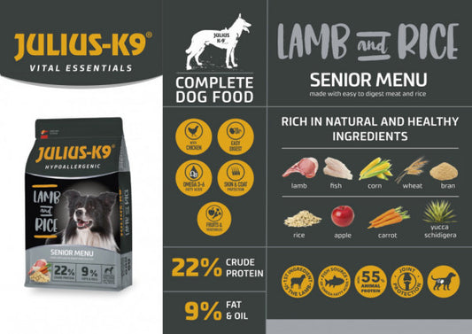 Julius K9 Senior - Hrana uscata premium, hipoalergenica - Miel si Orez -3kg