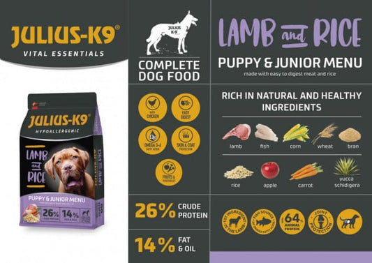 Julius K9 Puppy - Hrana uscata premium, hipoalergenica - Miel si Orez -3kg