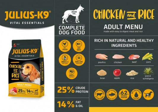 Julius K9 Adult Vital Essentials - Hrana uscata premium - Pasari de curte si Orez - 12kg